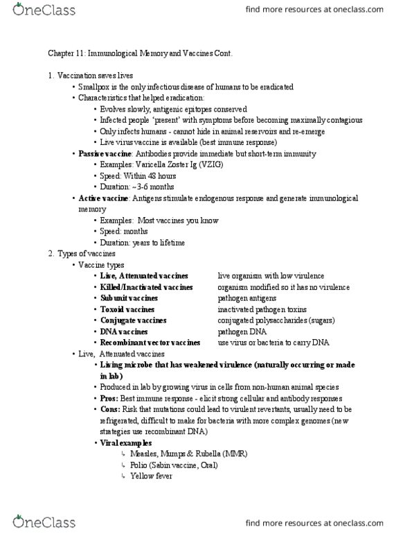 CAS BI 385 Lecture Notes - Lecture 23: Immunity (Medical), Yellow Fever, Toxoid thumbnail