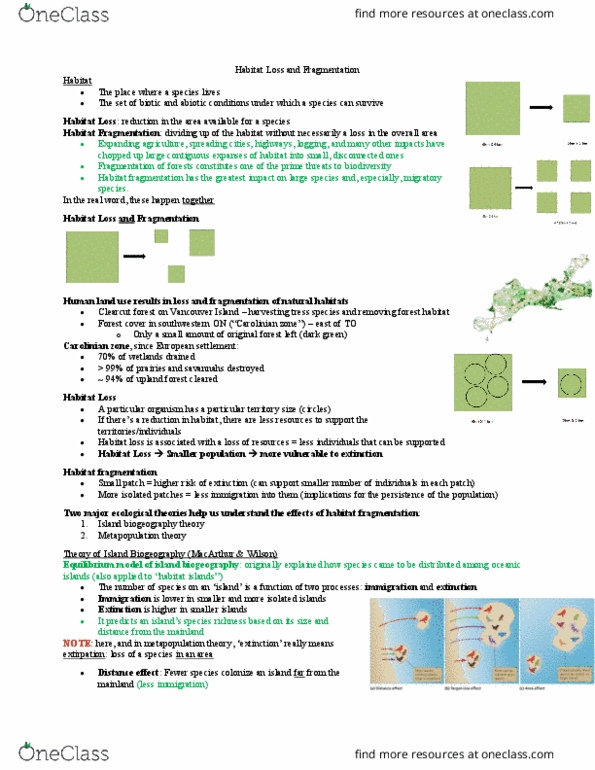 Biology 2485B Lecture Notes - Lecture 19: Habitat Fragmentation, Carolinian Forest, Habitat Destruction thumbnail