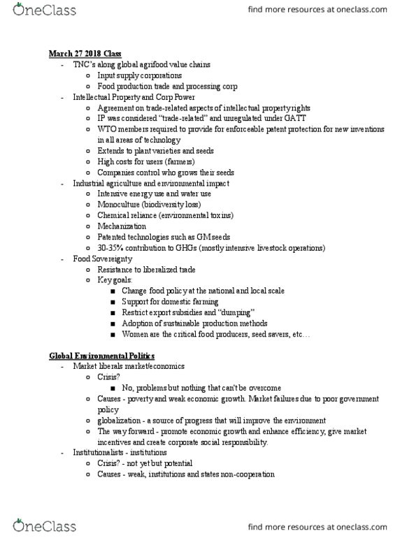 POSC 2200 Lecture Notes - Lecture 20: Global Environmental Politics, Corporate Social Responsibility, Food Policy thumbnail