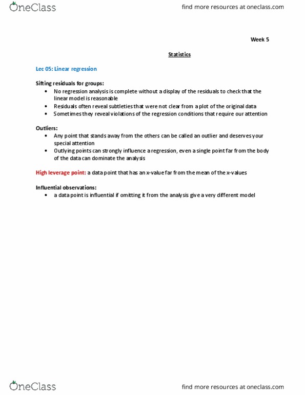 STAB22H3 Lecture Notes - Lecture 5: Linear Regression, Regression Analysis thumbnail