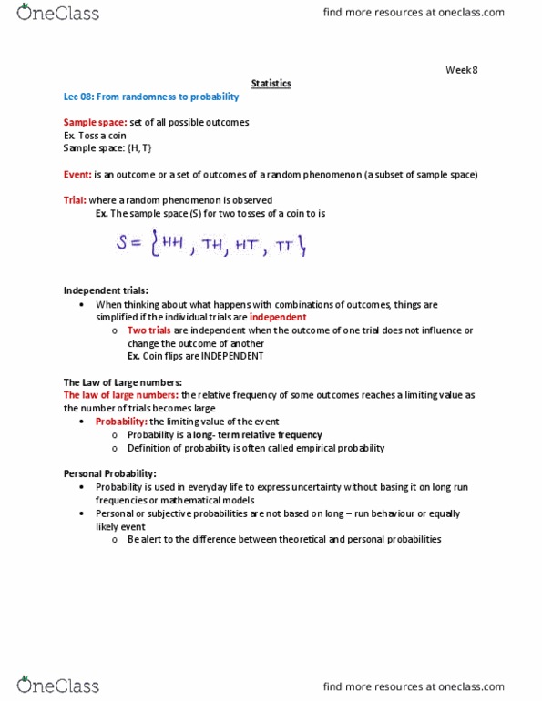 STAB22H3 Lecture Notes - Lecture 8: Sample Space, Empirical Probability, Bayesian Probability thumbnail