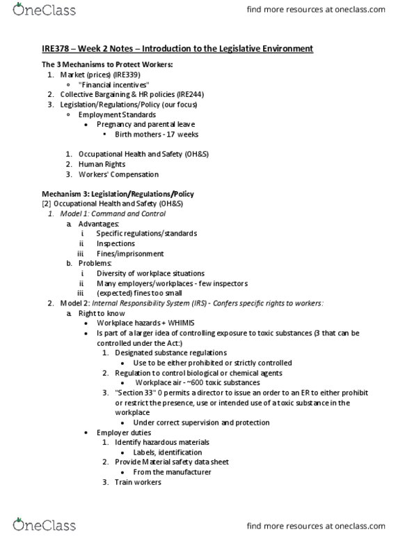 IRE378H1 Lecture Notes - Lecture 2: Safety Data Sheet, Occupational Safety And Health, Parental Leave thumbnail