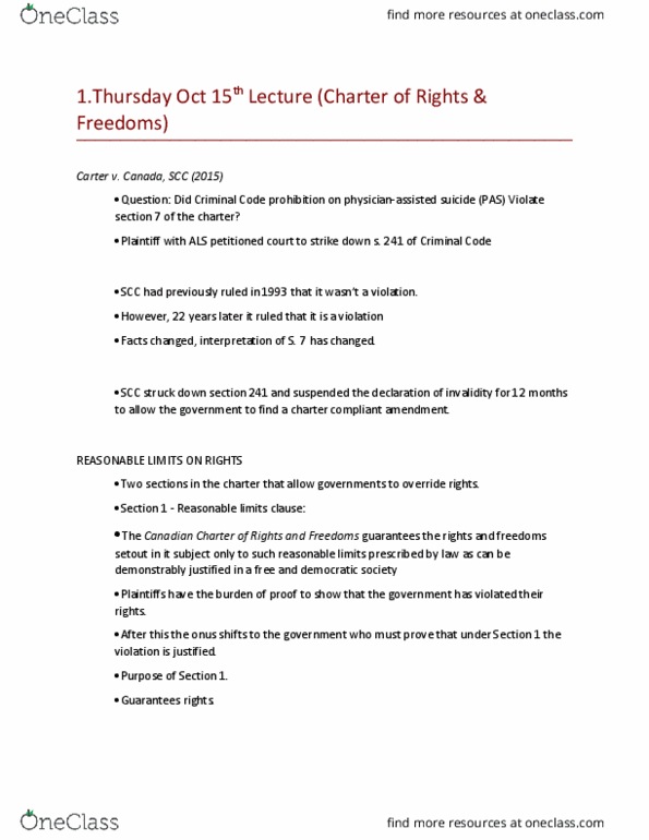 Law 2101 Lecture Notes - Lecture 8: Section 33 Of The Canadian Charter Of Rights And Freedoms thumbnail