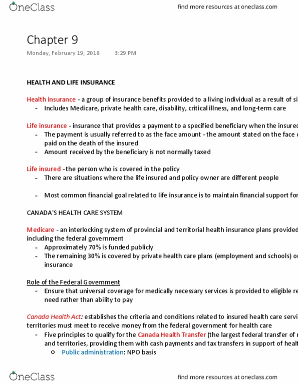 Management and Organizational Studies 2277A/B Chapter Notes - Chapter 9: Canada Health Transfer, Canada Health Act, Disability Insurance thumbnail