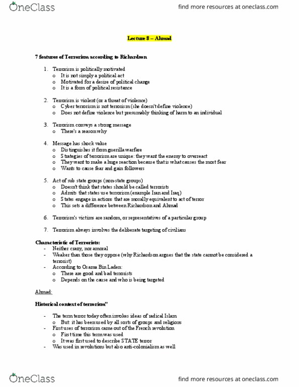 PHILOS 2G03 Lecture Notes - Lecture 8: Osama Bin Laden, Guerrilla Warfare, State Terrorism thumbnail