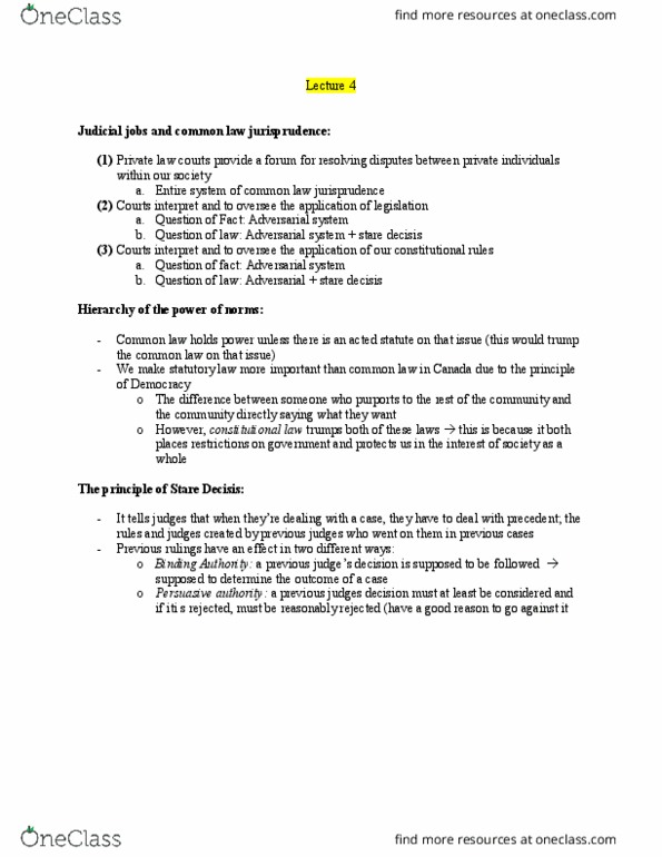 PHILOS 2Q03 Lecture Notes - Lecture 4: Precedent, Adversarial System, Private Law thumbnail
