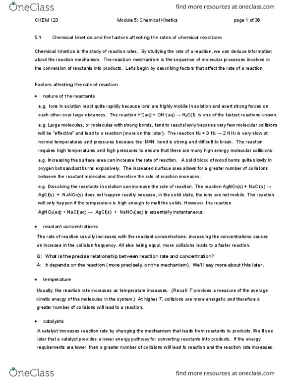 CHEM123 Lecture Notes - Lecture 5: Chemical Kinetics, Collision Frequency, Reaction Rate thumbnail