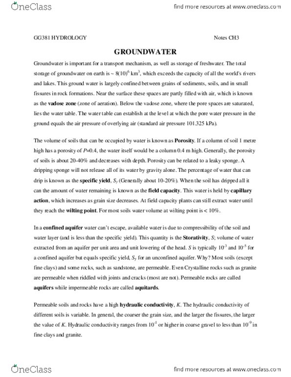 GG381 Lecture Notes - Pore Water Pressure, Vadose Zone, Specific Storage thumbnail