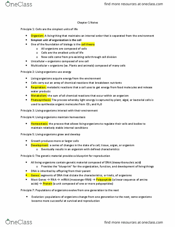 BIO 201 Chapter Notes - Chapter 1: Messenger Rna, Cell Theory, Homeostasis thumbnail