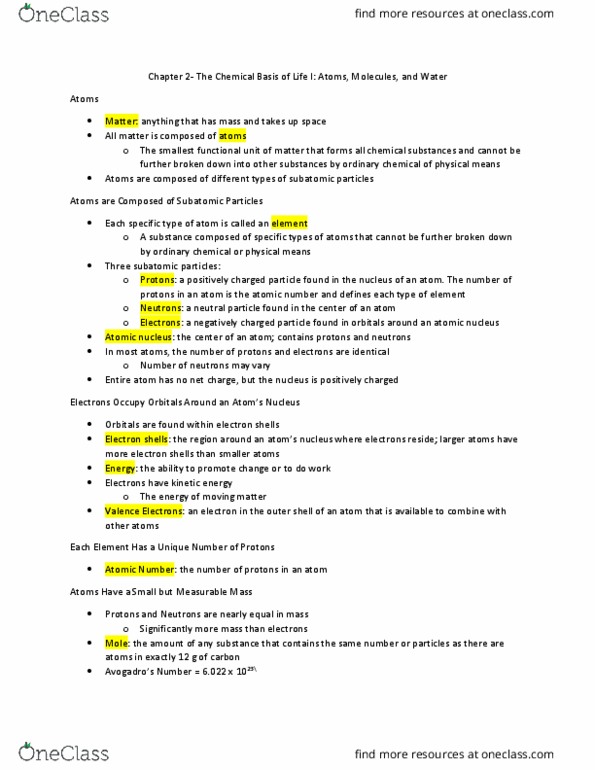 BIO 201 Chapter Notes - Chapter 2: Atomic Nucleus, Atomic Number, Hydrophile thumbnail