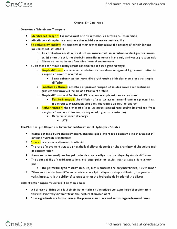 BIO 201 Chapter Notes - Chapter 7: Lipid Bilayer, Membrane Transport, Facilitated Diffusion thumbnail