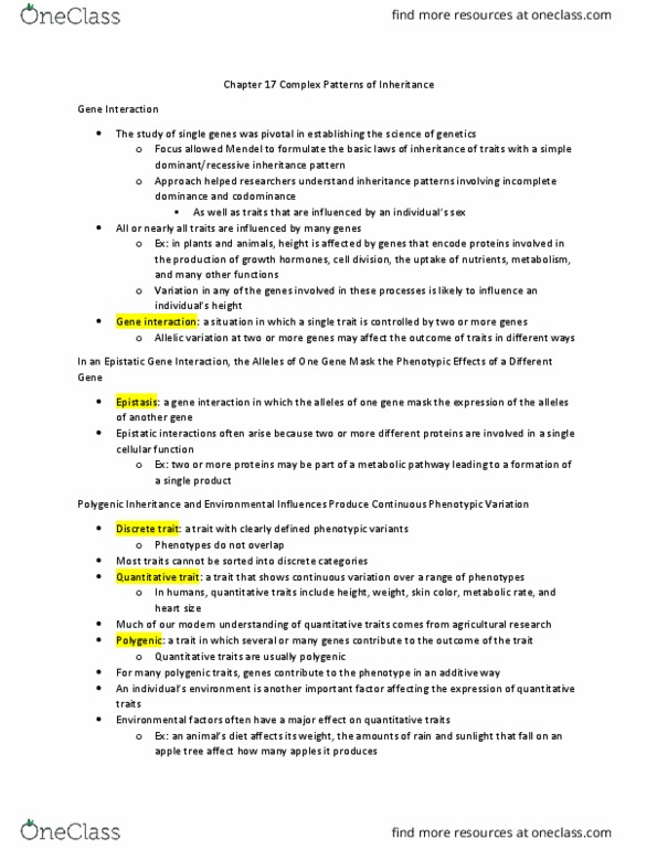 BIO 201 Chapter Notes - Chapter 17: Epistasis, Metabolic Pathway, Probability Distribution thumbnail