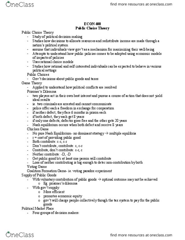 ECON 405 Lecture Notes - Lecture 4: Public Choice, Nash Equilibrium, Voting Paradox thumbnail