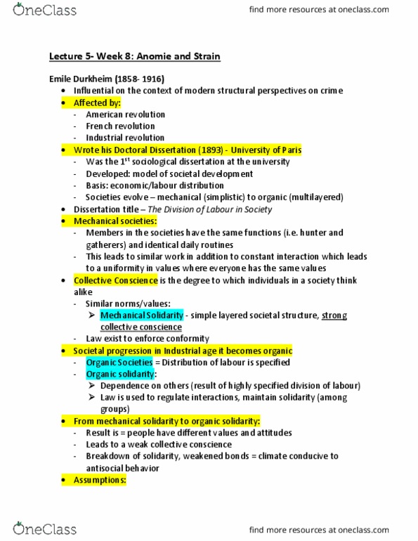 CRMN 2850U Lecture Notes - Lecture 5: Mechanical And Organic Solidarity, French Revolution, Anomie thumbnail