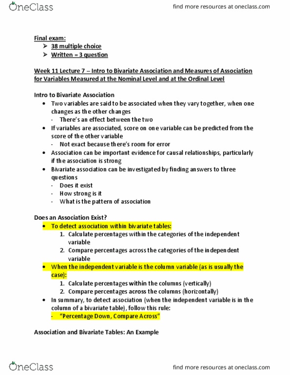 SSCI 2910U Lecture 7: Week 11- Intro to Bivariate Association and Measures of Association for Variables Measured at the Nominal Level and at the Ordinal Level thumbnail