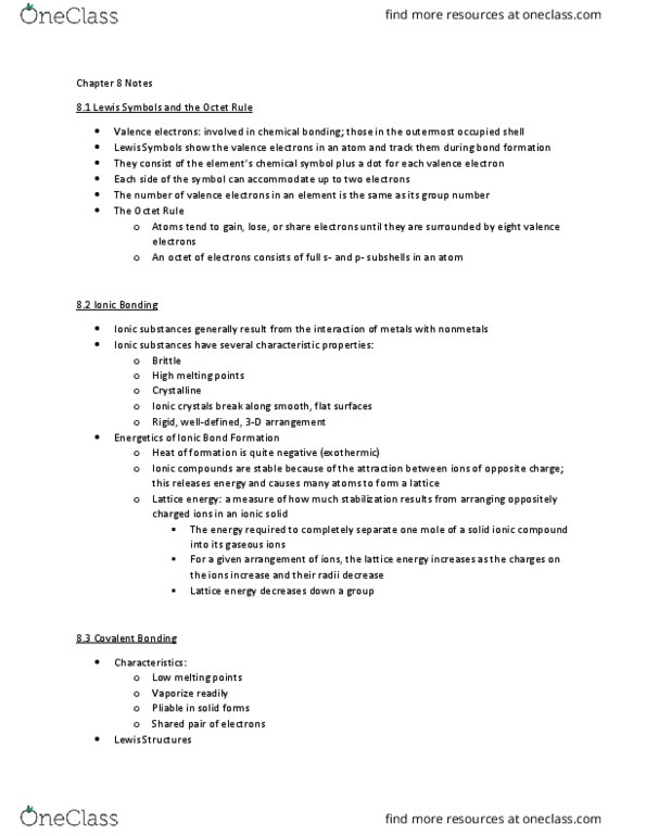 CHEM 101 Chapter Notes - Chapter 8: Lattice Energy, Valence Electron, Ionic Compound thumbnail