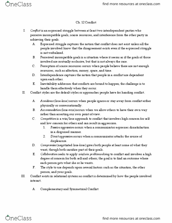 PSYCH 5 Chapter Notes - Chapter 12: Passive-Aggressive Behavior, Conflict Management thumbnail