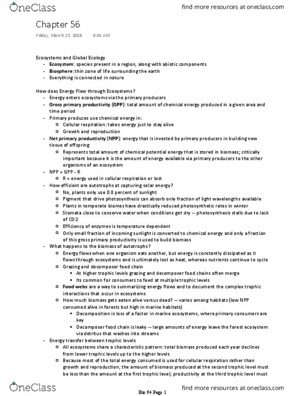 BIO SCI 94 Chapter Notes - Chapter 56: Primary Production, Chemical Energy, Cellular Respiration thumbnail