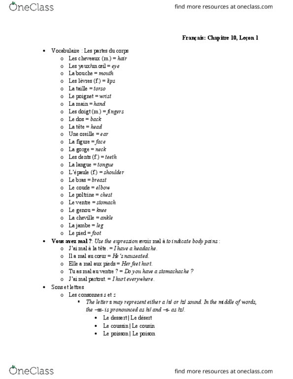 FREN 203 Chapter Notes - Chapter 10.1: La Bouche, Headache, Nasal Vowel thumbnail