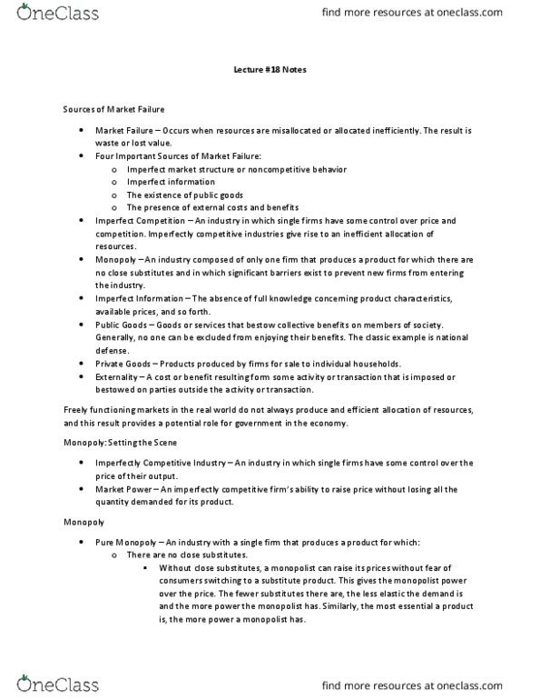 ECON 2005 Lecture Notes - Lecture 18: Imperfect Competition, Market Power, Externality thumbnail