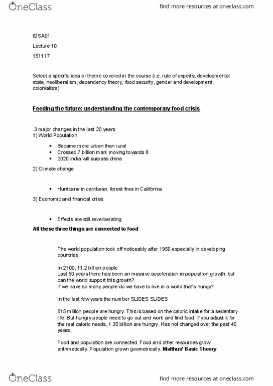 IDSA01H3 Lecture Notes - Lecture 10: Food Security, Neoliberalism, Agroecology thumbnail