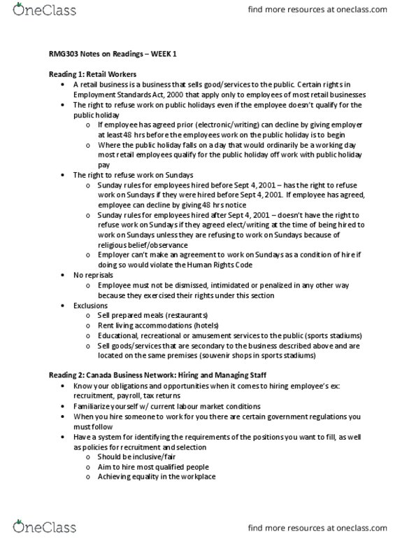 RMG 303 Chapter Notes - Chapter 1: Service Canada, Unemployment Benefits thumbnail
