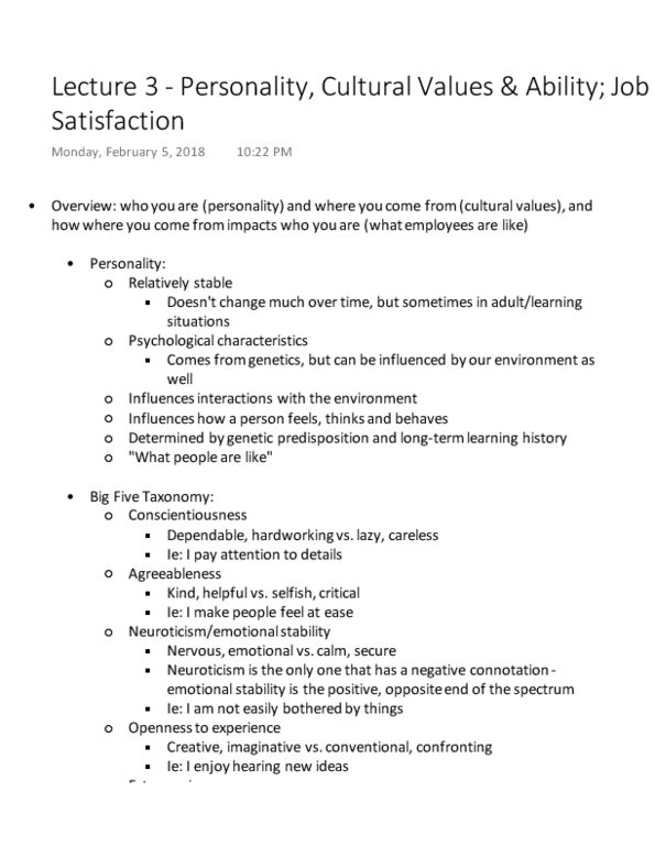 Management and Organizational Studies 2181A/B Lecture 3: Lecture 3 - Personality, Cultural Values & Ability Job Satisfaction thumbnail