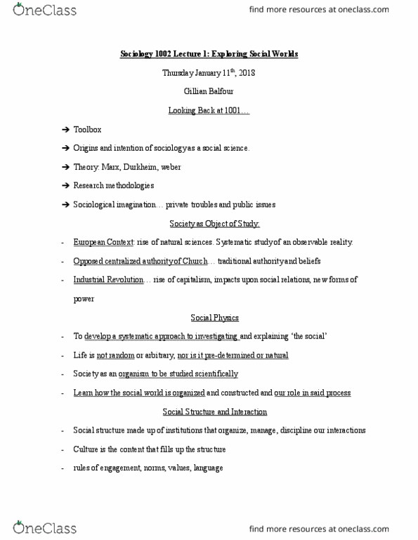 SOCI 1002H Lecture Notes - Lecture 1: Social Physics, Émile Durkheim, Academic Freedom thumbnail