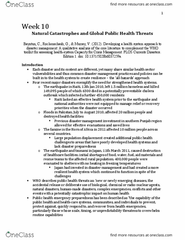 Nursing 3310A/B Chapter Notes - Chapter 10: Public Health Emergency Preparedness, Health Systems Strengthening, Crisis Management thumbnail
