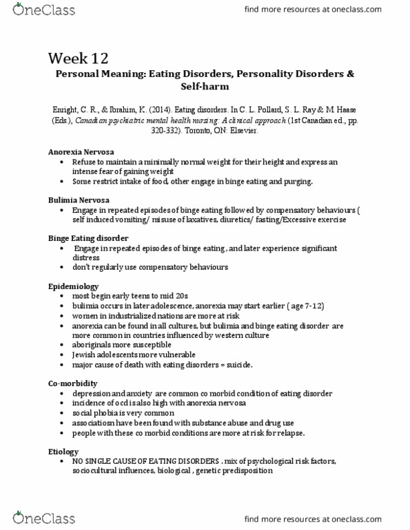 Nursing 3920A/B Chapter Notes - Chapter 12: Binge Eating Disorder, Binge Eating, Eating Disorder thumbnail
