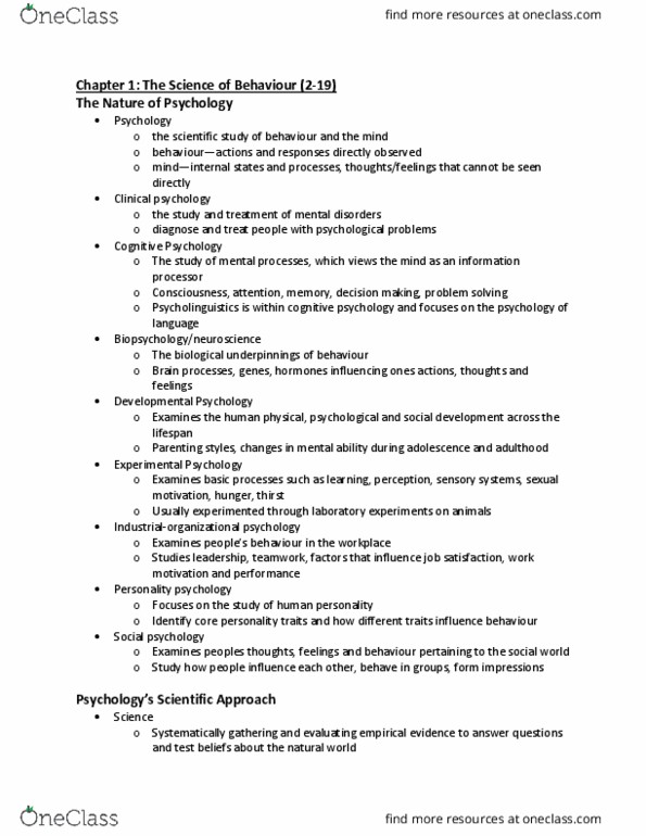 Psychology 1000 Chapter Notes - Chapter 1: Clinical Psychology, Experimental Psychology, Psycholinguistics thumbnail