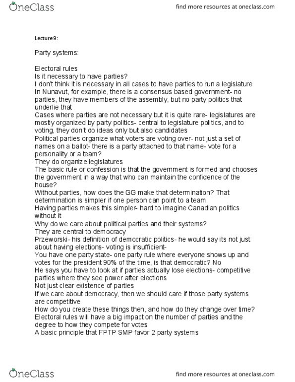 POLI 222 Lecture Notes - Lecture 9: Party System, Big Tent, Dominant-Party System thumbnail