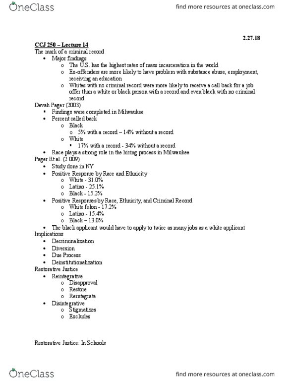 CCJ 250 Lecture Notes - Lecture 14: Restorative Justice, Deinstitutionalisation, List Of Latin Phrases (E) thumbnail