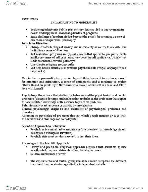 Psychology 2035A/B Chapter Notes -Clinical Psychology, Narcissism, Trait Theory thumbnail