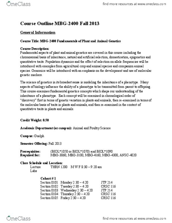 MBG 2400 Lecture Notes - Codex Tischendorfianus I, Selective Breeding, Allele Frequency thumbnail