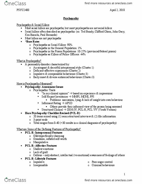 PSYC 2400 Lecture Notes - Lecture 12: Clifford Olson, Paul Bernardo, Antisocial Personality Disorder thumbnail