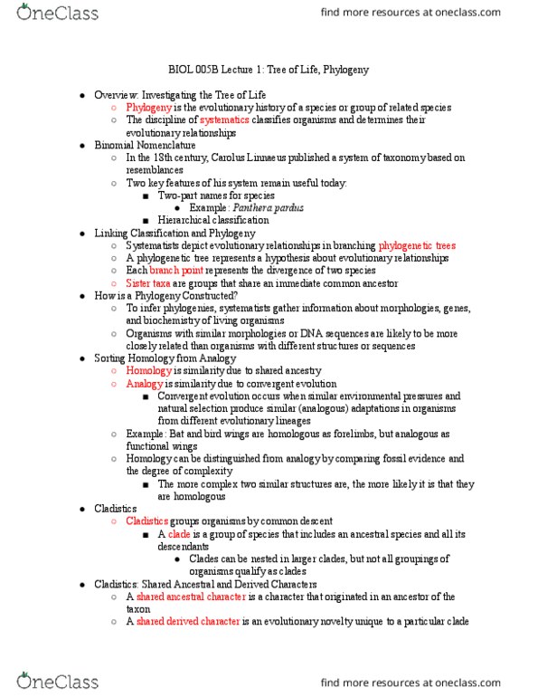 BIOL 005B Lecture Notes - Lecture 1: Carl Linnaeus, Binomial Nomenclature, Ingroups And Outgroups thumbnail