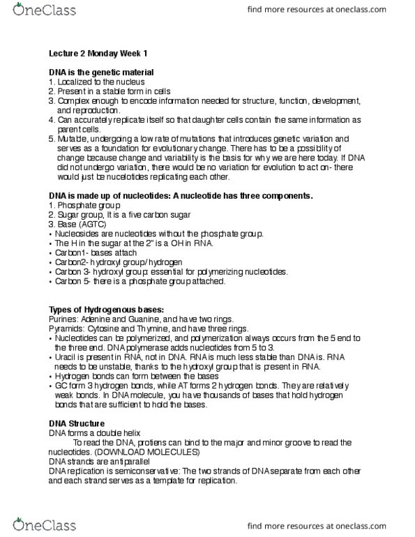 BIO SCI 97 Lecture Notes - Lecture 1: Semiconservative Replication, Uracil, Guanine thumbnail