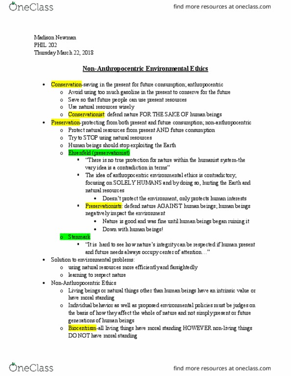 PHIL202 Lecture Notes - Lecture 14: Anthropocentrism, Environmental Ethics thumbnail