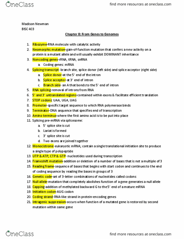 BISC403 Chapter Notes - Chapter 8: Null Allele, Start Codon, Spliceosome thumbnail