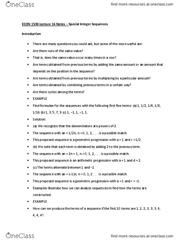 ECON 1530 Lecture Notes - Lecture 16: Geometric Progression, Arithmetic Progression thumbnail