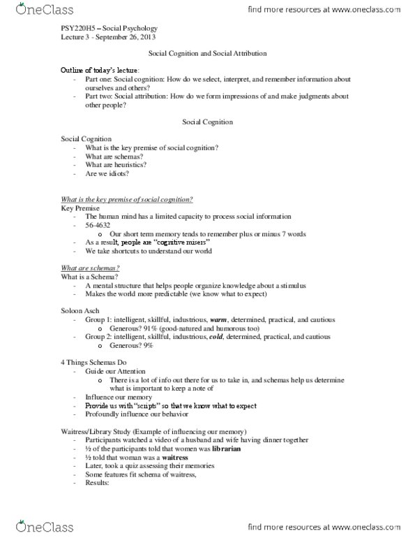 PSY220H5 Lecture Notes - Lecture 3: Social Cognition, Availability Heuristic, Learned Helplessness thumbnail