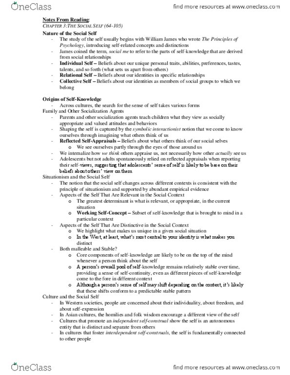 PSY220H5 Chapter Notes - Chapter 3: Construals, Social Comparison Theory, Symbolic Interactionism thumbnail