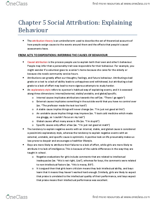 PSY220H5 Chapter Notes - Chapter 5: Fundamental Attribution Error, Attribution Bias, Covariance thumbnail