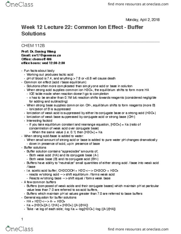 CHEM 112 Lecture Notes - Lecture 22: Buffer Solution, Conjugate Acid, Weak Base thumbnail