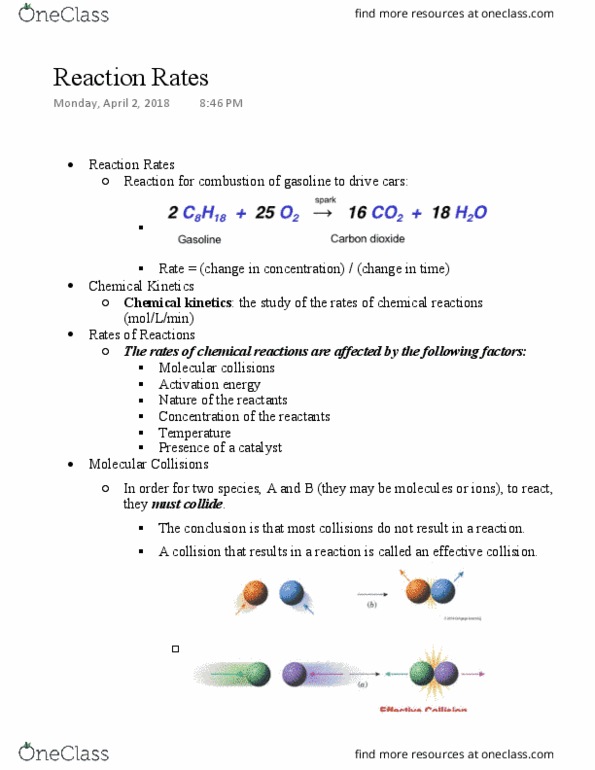 CHEM 1210 Lecture Notes - Lecture 7: Chemical Kinetics, Activation Energy, Covalent Bond thumbnail