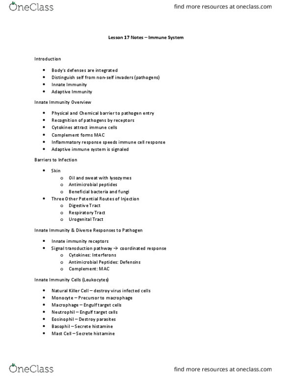 BIOL 1106 Lecture Notes - Lecture 17: Antimicrobial Peptides, Adaptive Immune System, Innate Immune System thumbnail