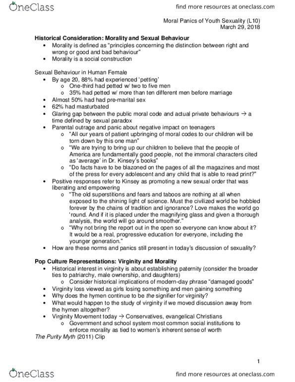 Women's Studies 2163A/B Lecture Notes - Lecture 10: Premarital Sex, Hymen, Shining Light thumbnail