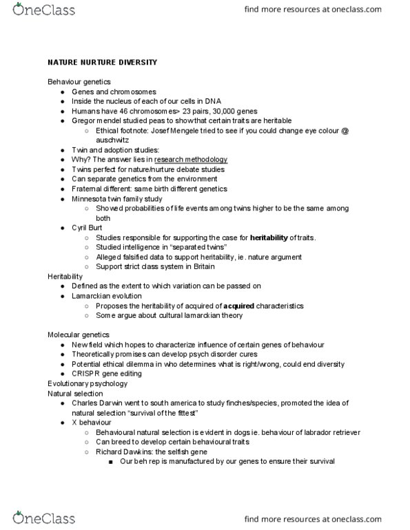 PSY 1102 Lecture Notes - Lecture 2: Cyril Burt, Lamarckism, Richard Dawkins thumbnail