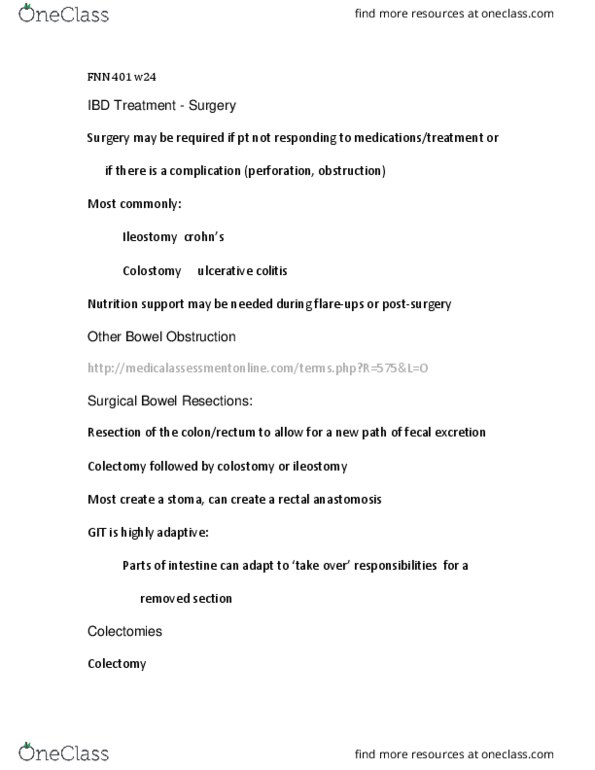 FNN 401 Lecture Notes - Lecture 24: Colectomy, Ileostomy, Colostomy thumbnail